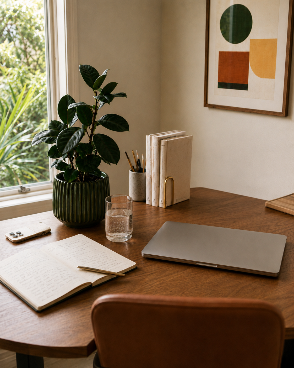 A warm desk scene at golden hour