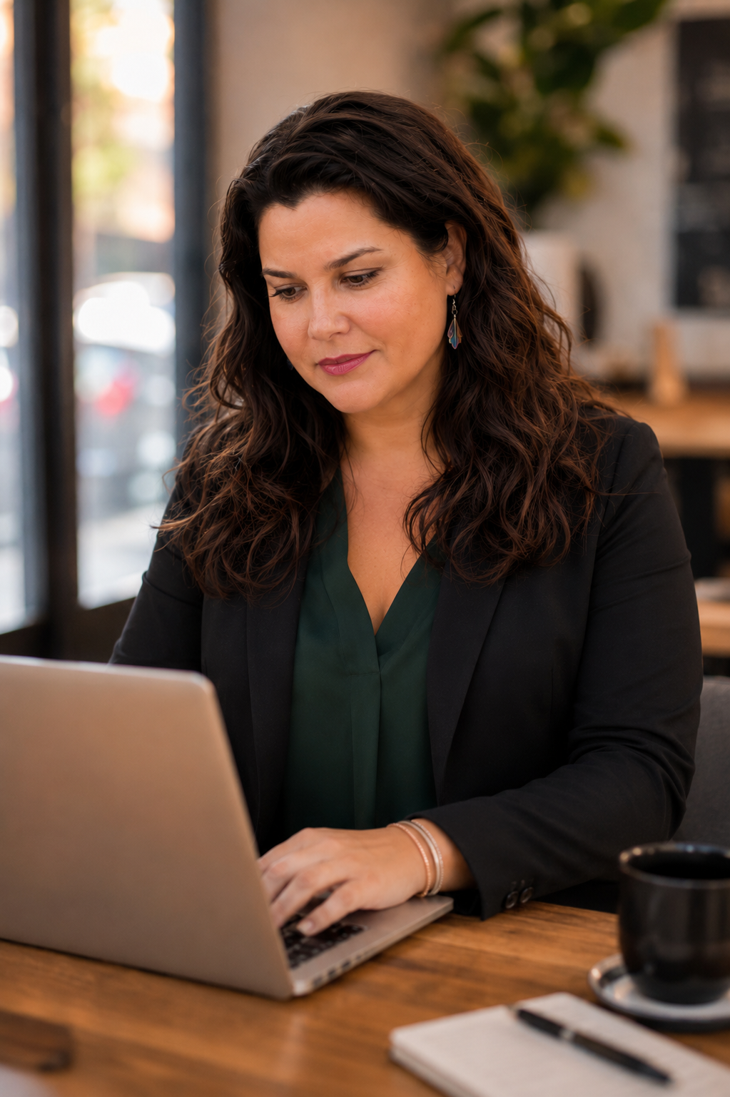 Jeanna Manifold, founder of Vooee, working at a laptop in a cafe